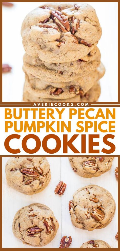 These pumpkin spice cookies will become your new favorite fall baking recipe! Soft and chewy, salty and sweet, these butter pecan cookies are an easy pumpkin dessert you won't be able to resist. Try this simple sweet treat! Pecan Pumpkin, Fall Cookie Recipes, Butter Pecan Cookies, Pumpkin Recipes Easy, Fall Baking Recipes, Pumpkin Spice Cookies, Pumpkin Recipe, Spiced Pecans, Pecan Cookies