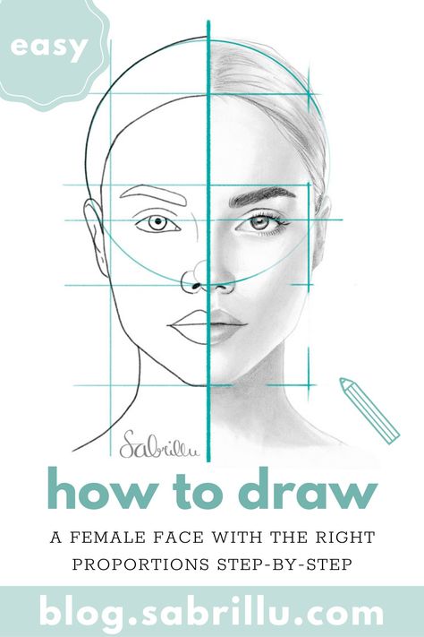 Face drawing with construction lines, perfect proportions, easy tutorial Human Face Drawing, Simple Face Drawing, Beginner Drawing Lessons, Facial Proportions, Face Proportions, Portrait Tutorial, Female Face Drawing, Head Drawing, Drawing Tutorial Face