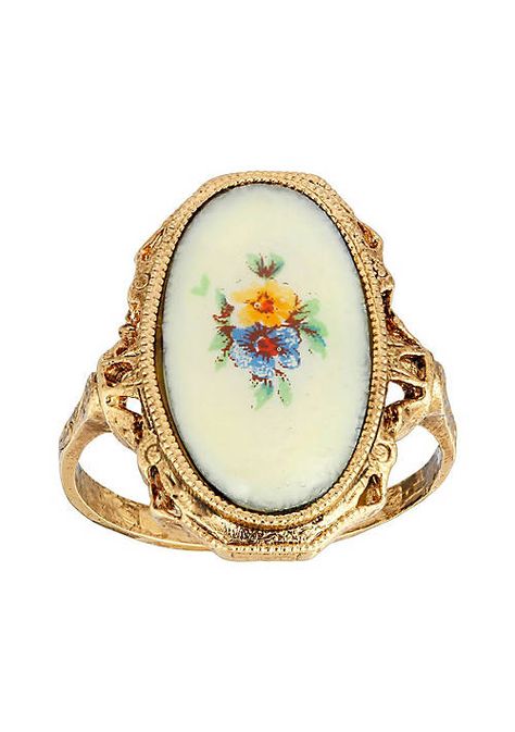 1928 Jewelry Gold Tone Oval Flower Ring Size 8 Funky Rings, 1928 Jewelry, Floral Decal, Enamel Ring, Wedding Watch, Flower Ring, Perfect Ring, Cute Jewelry, Vintage Rings