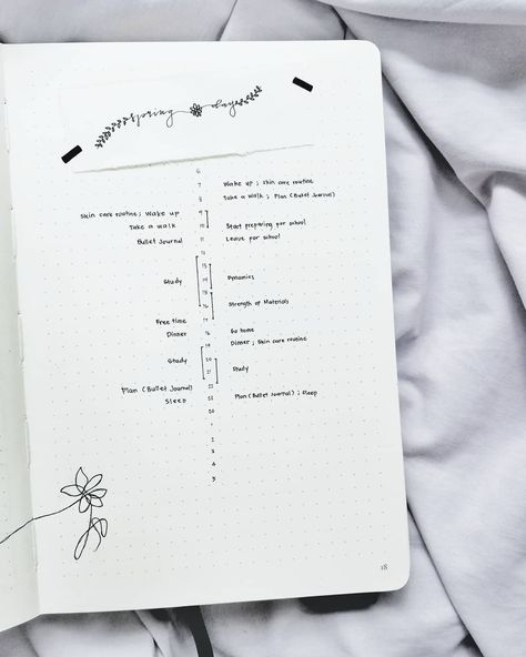 Bullet journal ideal day page,  bullet journal timeline,  bullet journal schedule.  | @mnmlyuu Bullet Journal Schedule, Minimal Bujo, Journal Schedule, Ideal Day, Bullet Journel, Song Titles, Study Plan, Journal Inspo, Bullet Journal Spread