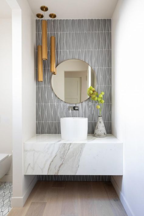 Powder Room Tiles Ideas, Guest Bathroom Half Baths, Powder Room Accent Wallpaper, Accent Wall Bathroom Vanity, Powder Room With Tile Accent Wall, Subway Tile Powder Room, Powder Room Tile Wall, Powder Room Accent Wall Ideas, White Powder Bathroom