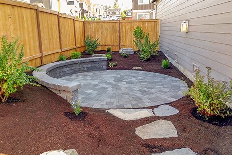 Cobble Rotundo Stone | Pavers Oregon & Washington | Western Interlock Circular Patio Design, Circular Stone Patio, Paver Patio On Sloped Yard, Side Yard Fire Pit Area, Circular Paver Patio Design, Round Paver Patio, Small Stone Patio, Round Pavers, Circle Patio