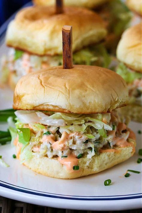 Everyone will love these sliders made with a light crab salad on a toasted, buttery bun! Crab Sliders Kings Hawaiian, Crab Sliders, Seafood Sliders, Sliders Party, Crab Sandwich Recipe, Shrimp And Crab Salad, Crescent Rings, Crab Salad Sandwich, Seafood Night