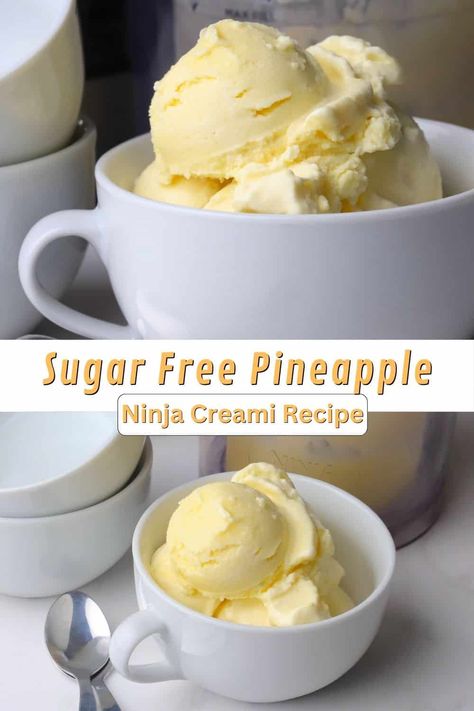 Enjoy the tropical taste of pineapple in a sugar-free ice cream, made effortlessly with the Ninja Creami machine! This refreshing and creamy treat brings the sweetness of pineapple without any added sugar. Perfect for a cool, guilt-free dessert on a sunny day, this easy-to-make recipe is a must-try for pineapple lovers and ice cream enthusiasts. Follow along to create your own batch of this delightful, sugar-free dessert! Pineapple Ninja Creami Recipe, Ice Cream Ninja Creami, Ninja Creami Recipe, Sugar Free Ice Cream, Pineapple Ice Cream, No Bake Summer Desserts, Pineapple Dessert Recipes, Creami Recipes, Pineapple Lovers