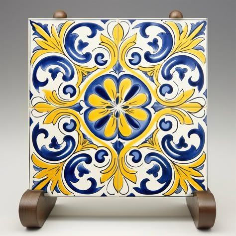 Add a splash of Mediterranean sunshine to your home with our Golden Fleur-de-Lis Azulejo Tile Print. This exquisite piece captures the vibrant beauty and intricate designs of the iconic Portuguese azulejos. The bold golden yellow and rich royal blue hues are accented by delicate touches of white and orange, creating a warm and inviting ambiance. While it maintains the look of traditional tilework, this print is crafted without the physical relief or bevel for ease of installation. It's a stunnin Portuguese Pattern Design, Portuguese Art, Portuguese Azulejos, Mediterranean Tiles, Art Deco Tiles, Mediterranean Tile, Yellow Tile, Unique Coasters, Portuguese Tiles