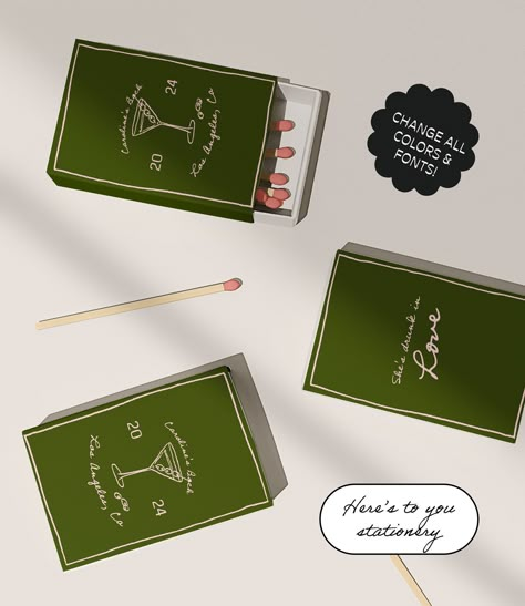 This quirky and fun matchbook favors template features our own hand drawn scribble sketch illustrations and a handwritten style fonts. 100% EDITABLE - Easily customize and edit to suit your event! Fully editable colors and text! >> DEMO - TRY BEFORE YOU BUY: Copy the demo link, paste it in your browser and change the wordings to see how it looks!: ↳http://templett.com/design/demo/HeresToYou/28391962,28391383 >> VIEW PARTY FAVORS: https://www.etsy.com/shop/HeresToYouShop?ref=seller-platform-mcnav§ion_id=49983301 -------------------------- >>HOW DOES IT WORK? 1. After purchase, you will receive an email from Templett. Check your Spam folder if you can't see it. 2. Download the instructions and follow the link sent via email from Templett - this will take you to the Templett webpage, where yo Cool Matchbooks, Matchbook Favors, Matches Wedding, Matchbooks Wedding, Scribble Sketch, Martini Olives, Style Français, Wedding Party Favors, Custom Wedding Invitations