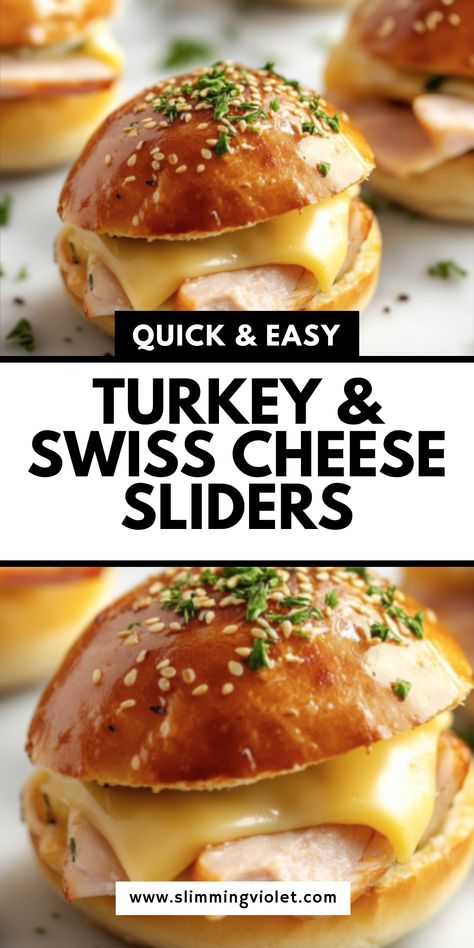 Turkey and Swiss cheese sliders are a lighter yet delicious choice for any gathering. Soft rolls filled with juicy turkey, melted Swiss, and a touch of honey mustard are baked until golden and bubbly. They’re quick to prepare and perfect for feeding a crowd. These sliders are ideal for game days, potlucks, or a fun family meal. Save this pin to try an easy, flavorful recipe everyone will love! Turkey Melt Sliders, Turkey Sliders Recipes, Turkey And Swiss Sliders, Hawaiian Roll Turkey Sliders, Turkey And Cheese Sliders, Sliders Recipes Turkey, Day Party Food Ideas, Easy Sliders, Turkey Melt