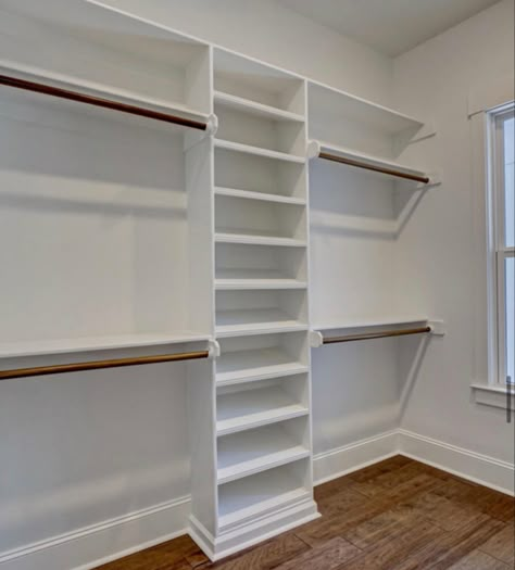 One Wall Master Closet Design, Simple Master Closet Layout, Closet Designs Long Narrow, Closet Setup Layout, Custom Shelving Closet, 12x6 Walk In Closet Layout, French Country Walk In Closet, Rectangular Closet Layout, Cheap Master Closet Ideas