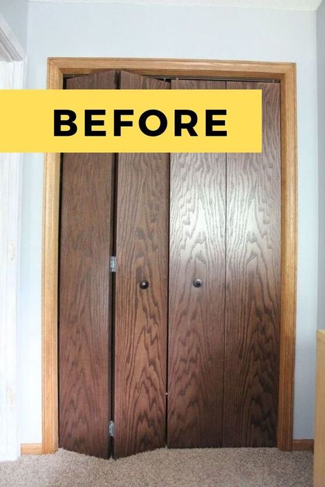 Painting Folding Closet Doors, Covering Closet Doors, Wooden Closet Doors Makeover, Trifold Door Makeover, Painting Bifold Closet Doors, Bifold Closet Door Makeover Diy Ideas, Painting Closets Interior, Painted Closet Interior, Old Closet Makeover