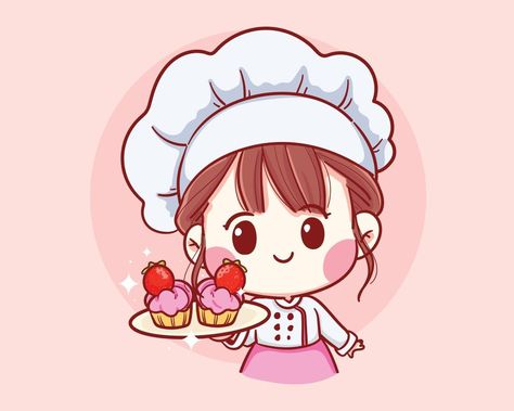 Cute Bakery chef girl Holding strawberry cake smiling cartoon art illustration Chef Girl, Cartoon Art Illustration, Cartoon Chef, Cute Bakery, Colorful Stationery, Cake Logo, Restaurant Logo, Bakery Logo, Bakery Logo Design