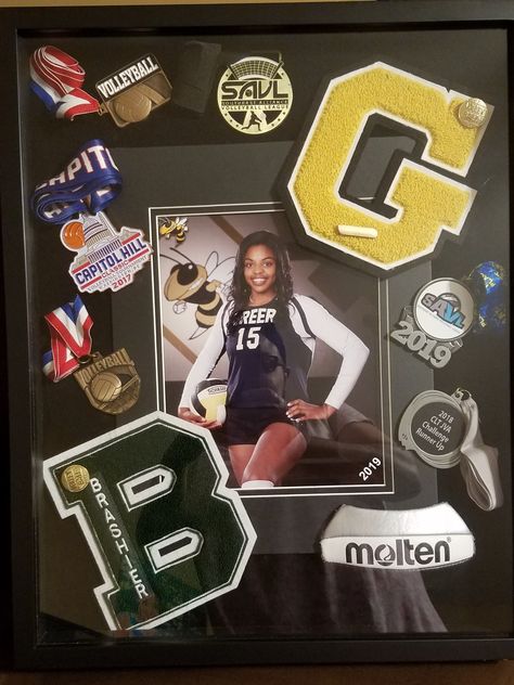 Varsity Letter Shadow Box Ideas, Volleyball Shadow Box Ideas, Toddler Princess Room, Sports Shadow Boxes, Quick Christmas Gifts, Senior Things, Shadow Box Ideas, Youth Cheer, Senior Jackets