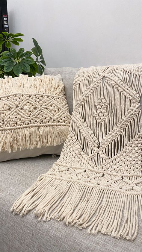 Macrame runner and cushion #bohostyle #macramedecore #macrameart #macramecushion #macramerunner # Macrame Throw Blanket, Macrame Runner, Macrame Curtain, Macrame Decor, Macrame Art, Macrame Diy, Boho Fashion, Macrame, Throw Blanket