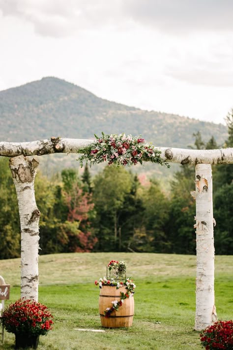 adirondack mountain fall wedding birch arbor Birch Tree Arbor, Aspen Wedding Arch, Wedding Arches Outdoors Fall, Aspen Tree Wedding Decor, Wedding Birch Tree Decor, Birch Wood Arch, Aspen Tree Wedding Arch, Wedding Arch Between Two Trees, Birch Arbor Wedding