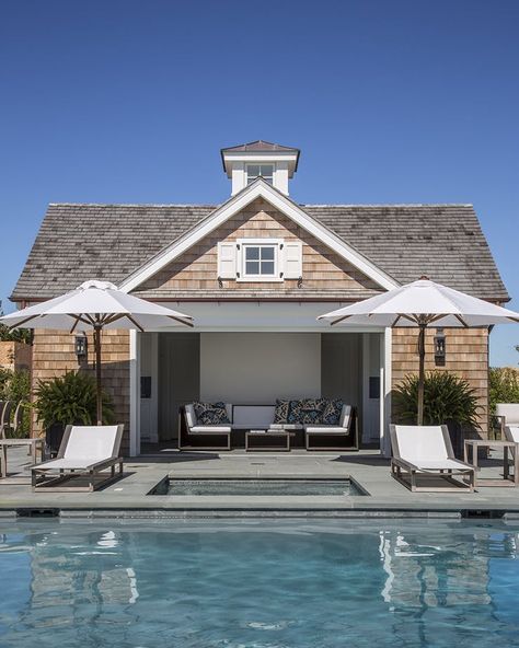 Get your summer style fix with the good taste of Hamptons architect and designer Brian Brady! These spaces are so fabulous you won't ever want to leave. Backyard Goals, Shingle House, Living Pool, Pool House Designs, Garage Addition, Dream Farmhouse, Pool House Plans, Luxury Swimming Pools, Pool Cabana