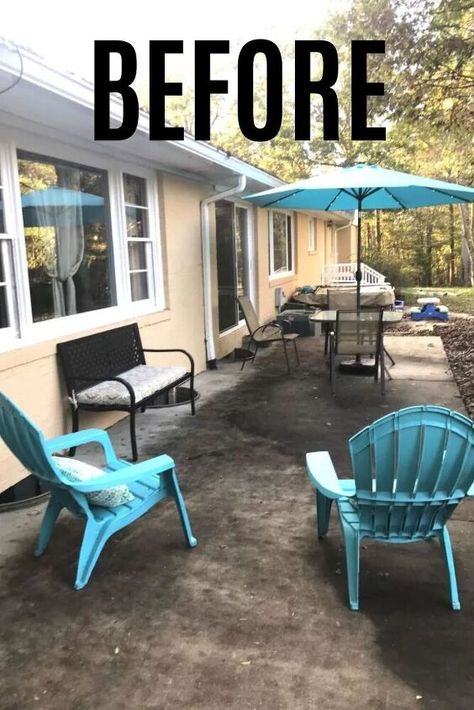 Fire Pit Rustic, Concrete Bbq, Front Porch Update, Concrete Refinishing, Porch Update, Cheap Backyard Ideas, Front Porch Ideas Fall, Craftsman Style Doors, Old Concrete