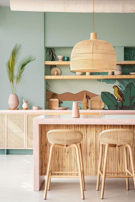 Découvrez une ambiance acidulée où les saveurs tropicales se marient aux harmonies pastel. 🌴  Évadez-vous avec une décoration en matériaux naturels : tabourets en rotin, suspensions en fibres végétales. Une cuisine douce et inspirée de la nature.  #SignNATUREdException #cuisine #inspiration #exotisme #tendance #papierpeint Surfer Apartment, Hawaiian Interior, Modern Boho Home, Deco Pastel, Tropical Kitchen, Garage Guest House, Tropical Interior, Palm Springs Style, Cane Furniture