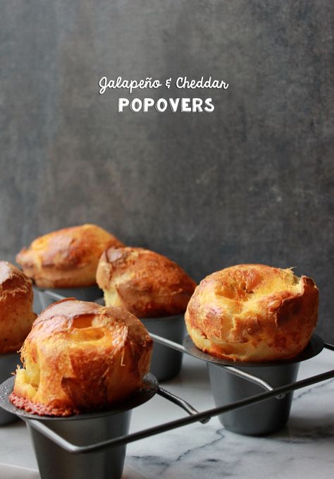 Jalapeño and Cheddar Popovers – BeWhatWeLove Cheddar Popovers, Popover Recipe, Popover Pan, Irish Cheddar, Yorkshire Pudding Recipes, Fresh Baked Bread, Homemade Buttermilk Biscuits, Savory Scones, Jalapeno Cheddar