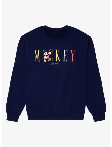 Disney Mickey Mouse Vintage Women's Crewneck - BoxLunch Exclusive Mickey Mouse Vintage, Disney Crewneck, Mickey Sweatshirt, Throw It Back, Mickey Mouse Sweatshirt, Disney Hoodies, Text Graphic, Disney Sweaters, Navy Blue Sweater