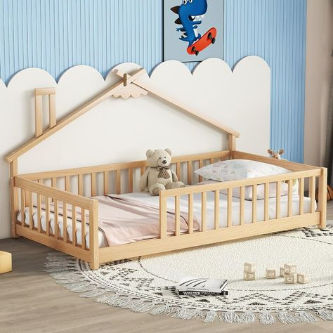 Amazon.com: Floor Bed with Rails and House Roof, Twin Size Montessori Bed with Slats and Fence, Wood House Platform Bed Frame for Kids Boys Girls, Natural : Home & Kitchen Floor House Bed, House Appearance, Bedside Design, Floor Bed Toddler, Twin Floor Bed, Kids Floor Bed, Bed Twin Size, House Outline, Chimney Design