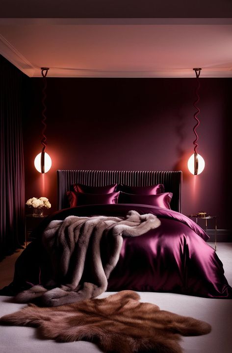 Discover the elegance of a plum-themed bedroom that exudes sophistication and comfort. The glossy satin bedding paired with rich, deep walls creates a stunning backdrop for relaxation. Accentuated by chic lighting and plush fur throws, this space invites you to unwind in style. Perfect for those who appreciate modern luxury, this bedroom design blends warmth and glamour for the ultimate sanctuary! #blackandredbedroom #50shadesofgrey #darkredbedroom #loveroom #interiordesign #homedecor Aubergine Bedroom Ideas, Maroon Walls Bedroom, Deep Purple Bedroom Ideas, Maroon Wall Bedroom, Red And Purple Bedroom, Aubergine Bedroom, Dark Purple Bedrooms, Deep Purple Bedroom, Plum Bedroom Ideas