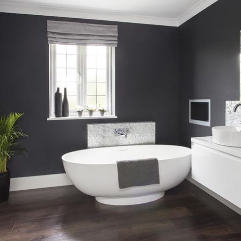 Dramatic dark grey bathroom | Bathroom | Makeover | PHOTO GALLERY | Ideal Home | Housetohome.co.uk Dark Grey Bathroom, Gray Bathroom Walls, Cloakroom Toilet, Dark Gray Bathroom, Grey Bathrooms Designs, Glamorous Bathroom, Gray And White Bathroom, Grey Bathroom Tiles, Dark Grey Walls