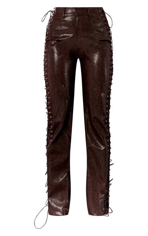 Premium Rust Washed Faux Leather Lace Up Straight Leg Pants Leather Lace Up Pants, Latex Pants Outfit, Lace Up Leather Pants, Lace Trousers, Lace Up Trousers, Lace Up Pants, Womens Straight Leg Pants, Brown Leather Pants, Leather Leggings Outfit