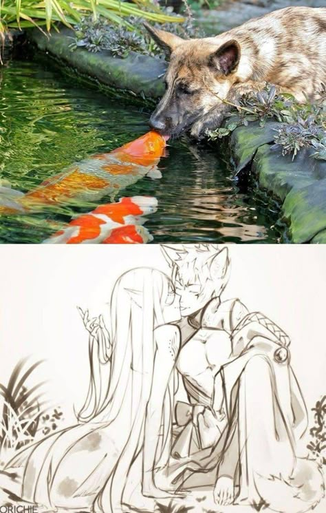 Koi Fish Mermaid Drawing, Wholesome Anime Art, Koi Fish Human Drawing, Mermaid Human Couple, Koi Fish Oc Art, Werewolf X Human Art, Mermaid And Human Art, Werewolf And Human Couple, Fish People Art