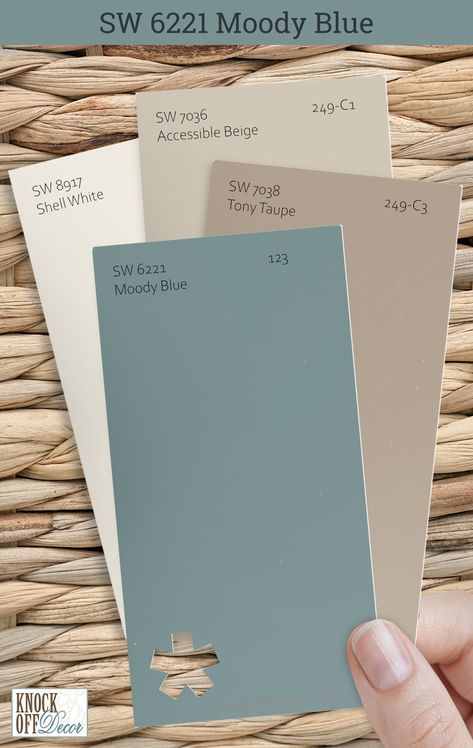 Finding the right colors to accompany Sherwin-Williams Moody Blue is like composing a beautiful melody. I've chosen tones that resonate with its richness, crafting an inviting and stylish atmosphere. Here is an example, with SW Tony Taupe, Accessible Beige, and Shell White. Peek into my full-color symphony by clicking for my full review and top palettes. Greige With Blue Undertones, Color Palette Neutral Blue, Pale Blue Color Scheme, Taupe And Blue Bathroom, Accessible Beige And Blue, Sw Accessible Beige Coordinating Colors, Blue And Cream Colour Palette, Sw Shell White, Blues That Go With Accessible Beige