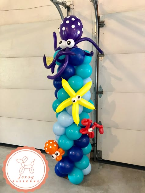 Octopus Balloon Decoration, Underwater Balloon Decor, Balloon Octopus, Octopus Balloon, Sea Birthday Party Decorations, Ariel Birthday Party, Balloon Tower, Ocean Birthday Party, Shark Themed Birthday Party