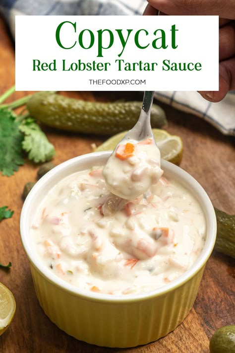 Indulge in the flavors of the sea with this Copycat Red Lobster Tartar Sauce. Perfectly balanced, creamy, and tangy, it's a must-try for seafood lovers. Copycat Red Lobster Tarter Sauce, Steak With Lobster Sauce, Red Lobster Tartar Sauce Recipe, Cowboy Dip, Copycat Red Lobster, Seafood Sauce, Salad Dressing Recipes Homemade, Homemade Condiments, Lobster Recipes