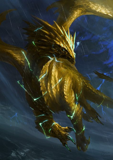 ArtStation - Rolling thunder Epic Dragon Art, Gold Dragon Art, Electric Dragon, Dragon Fantasy Art, Giant Dragon, Thunder Dragon, Yin Yang Tattoos, Legendary Dragons, Yellow Dragon