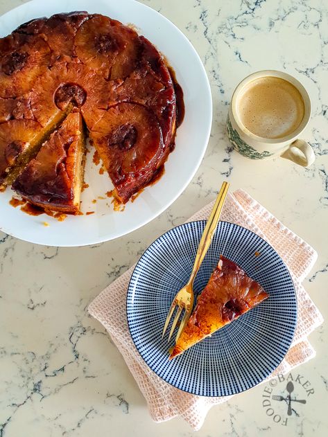 Spiced Upside-Down Pineapple Cake Spiced Pineapple, Cake Portions, Pineapple Rings, Pineapple Top, Cinnamon Almonds, Caramel Topping, One Cake, Pineapple Upside, Pineapple Upside Down Cake