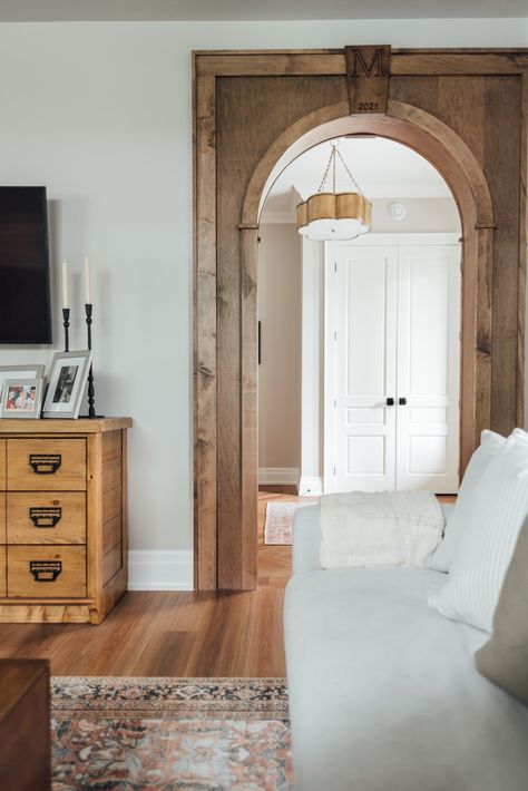 Kitchen Archway, Door Framing, Cedar Beams, Archways In Homes, Diy Home Updates, Rustic Stairs, Storybook House, Floor Trim, Cottage Living Rooms