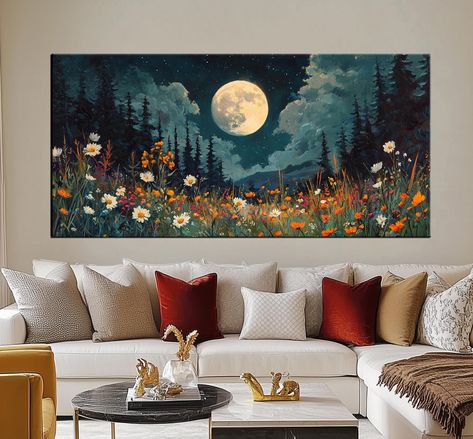 Enchanted Moonlit Forest with Wildflowers Canvas Print | Mystical Night Landscape Wall Art | Perfect Boho Wall Decor md353 Night Forest Painting, Moonlit Forest, Night Forest, Night Landscape, Forest Painting, Nature Inspired Decor, The Full Moon, Extra Large Wall Art, Inspired Living