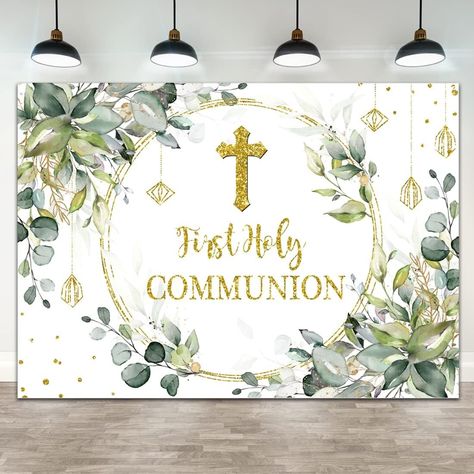 Amazon.com : Wollmix 1st First Communion Baptism Decorations Backdrop 7x5ft God Bless Holy Communion Banner Christening Gold Dots Green Leaves Photography Background Baby Shower Banner Photo Booth Props : Electronics Bohemian Photo Backdrop, Tropical Bridal Shower Decorations, Tea Party Bridal Shower Decorations, Baby Shower Banner Girl, Communion Decorations, Bridal Shower Decorations Diy, Bridal Shower Backdrop, Bridal Shower Banner, Baptism Decorations