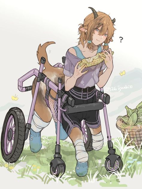 Disabled Centaur Art, Human Animals Art, Chimera Character Art, Deer Centaur Character Design, Goat Person Drawing, Mythical Creatures As Humans, Centaur Woman Art, Centaur Wheelchair, Half Dog Half Human Oc