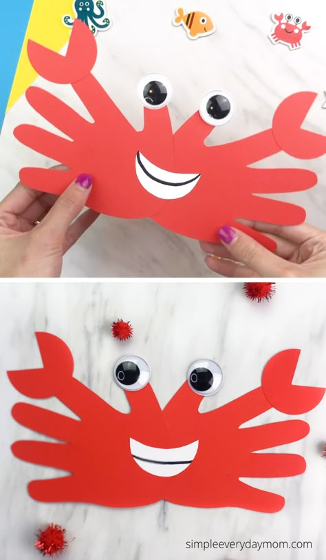 This cute handprint crab craft for kids is a fun summer project to do when learning about ocean animals! Watch our quick video tutorial to see how to make with your children. Make with preschool, prek and kindergarten children.   #simpleeverydaymom Crab Craft, Summer Crafts For Toddlers, Ocean Theme Crafts, Crab Crafts, Babysitting Ideas, Flamingo Craft, Pirate Crafts, Kraf Kertas, Beach Craft