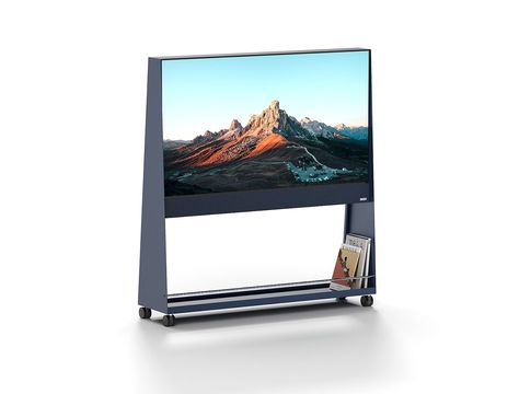 Kustem's new Trolley OLED TV rolls into living rooms with pegboard storage, cord hiding cabinetry, and an integrated media shelf. Tv Trolley, Pegboard Storage, Lg Display, Media Shelf, Project Site, Oled Tv, Tide Pools, Technology Design, Display Design