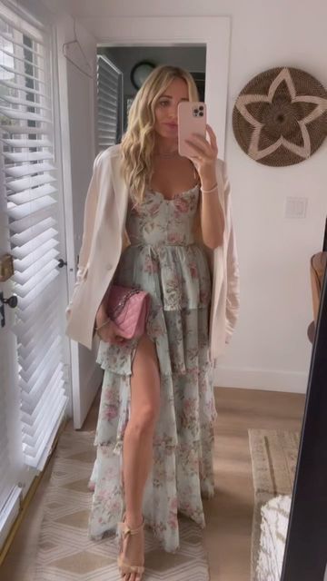 V. Chapman on Instagram: "Ready to go to the rehearsal dinner with a pop of pink and a blazer to keep us warm! 💕 THE CATERINA DRESS in TAPESTRY ROSE 🌹. . . . . #vchapman #wedding #weddingdress #floralprint #brides #bride #vchapmanbridal #bridesmaiddress #weddingguest #weddingguestdress"