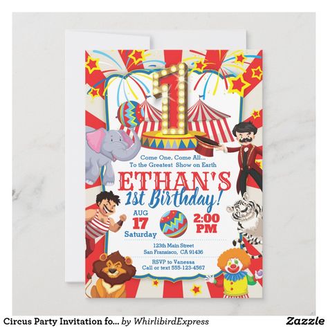 Circus Party Invitation for 1st Birthday Circus Party Invitations, Circus Birthday Invitations, Circus 1st Birthdays, Circus Invitations, Circus Birthday Party Theme, Carnival Invitations, Circus Theme Party, Carnival Theme, Circus Birthday Party