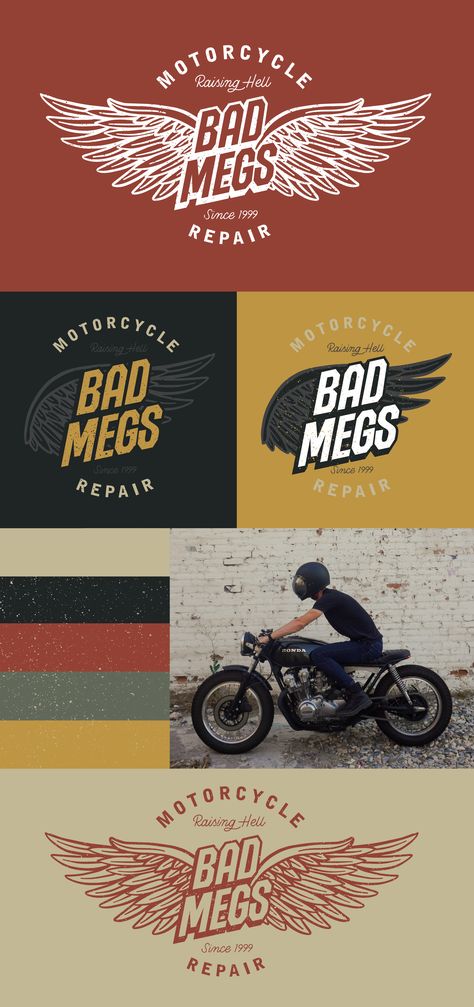 Bad meg Motorcycle Repair Hand Lettered Logo Design by Type Affiliated for Bad Meg's Motorcycle, a fictional motorcycle repair shop. Masculine branding vintage inspired logo. #handlettering #lettering #letteringdesign #masculinebranding #motorcyclebranding #motorcyclelettering Motorcycle Repair Shop Logo, Motorcycle Brand Logo, Motorcycle Logo Design Ideas, Motorcycle Branding, Type Affiliated, Motorcycle Repair Shop, Masculine Branding, Moto Logo Design, Hand Lettered Logo