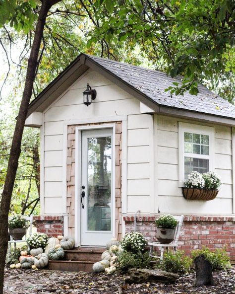 CottonStem.com cottage style she shed tiny home office pumpkins and mums She Shed Window Ideas, Cottage Style Office, Cottage She Shed, Farmhouse She Shed, Craft Sheds, Lake Deck, Garden Shed Diy, Shed Tiny Home, Tiny Home Office