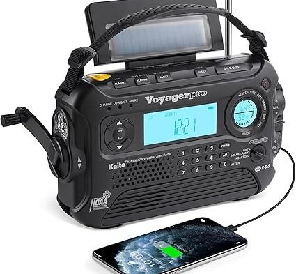 Kaito Voyager Pro KA600 Digital Solar Dynamo Hand Crank AM/FM/LW/SW & NOAA Weather Emergency Radio with Flashlight, Reading Lamp,Smart Phone Charger & RDS and Real-Time Alert, with AC Adapter, Black
About this item
Dynamo and Solar Powered AM/FM/LW Shortwave & NOAA weather radio with back-lit digital display, NOAA all hazards alert & RDS
4 tuning methods including manual, direct digit entry, ATS & memory tuning with 335 memories for easy access to favorite stations
Calendar, alarm clock with dual settings, sleep timer, thermometer & humidity meter
180-degree adjustable solar panel with 5-LED reading lamp, Flashlight
5 Ways of Charging the radio,Auxiliary input jack available for external audio devices Emergency Alert System, Noaa Weather Radio, Fun Gadgets, Emergency Flashlight, Emergency Radio, Hand Crank, Reading Lamp, Severe Weather, Phone Charger