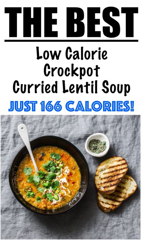 Curried Lentil Soup in Slow Cooker {LOW CALORIE} Low Calorie Vegetarian Crockpot Recipes, Curry Lentil Soup Crockpot, Low Calorie Spicy Soup, Vegan Lentil Soup Crockpot, Low Cal Lentil Recipes, Low Calorie Lentil Soup, Low Calorie Lentil Recipes, Low Calorie Curry, Crockpot Entrees