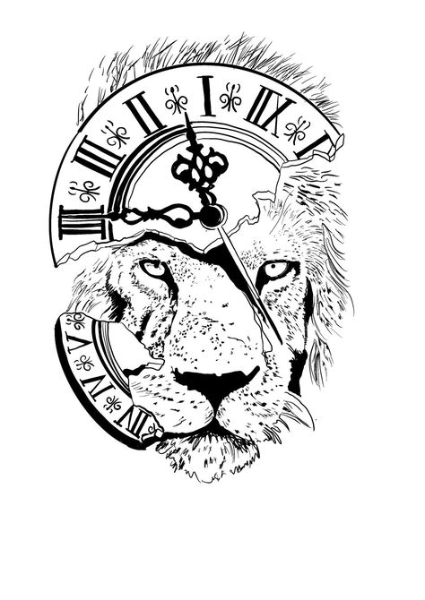 Half Lion Half Clock Tattoo, Lion And Clock Tattoo Design, Lion Tattoo Stencil Drawings, Simple Lion Tattoo, Atrapasueños Tattoo, Tattoo Design For Women, Cute Tattoo Ideas, Lion Art Tattoo, Floral Back Tattoos