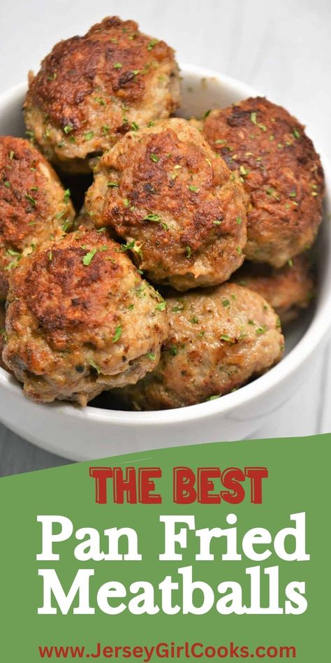 You really can't beat homemade pan fried meatballs made on the stove. This simple fried meatball recipe contains only a few simple yet fresh ingredients and the meatballs cook up tender and juicy in just a few minutes. These meatballs freeze beautifully for easy meal prep. It's so simple to double this recipe so you can eat meatballs tonight and freeze the extras for your favorite meals later on. Pan fried meatballs are comforting and delicious. Click to get this fried meatball recipe. #meatball Fried Meatballs Recipe, Italian Polpette Recipe, Pan Fried Meatballs Ground Beef, Stove Top Turkey Meatballs, Fried Meatballs Ground Beef, Pan Fried Meatballs, Fried Meatball Recipes, How To Cook Meatballs On The Stove, Meatball Skillet Recipes