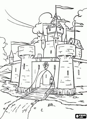 Castle surrounded by a moat filled with water with the drawbridge opened coloring page Middle Ages Coloring Pages, Coloring Rocks, Tapestry Of Grace, Castle Coloring Page, Castle Drawing, Chateau Medieval, Printable Pictures, Colouring Printables, Color Pictures