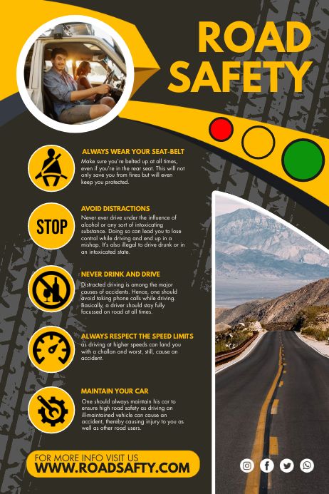 Road Safety Tips, Road Safety Poster, Advertising Campaign Design, Road Traffic Safety, Poster Sketch, Yellow Road, Safety Shorts, Safety Poster, Distracted Driving