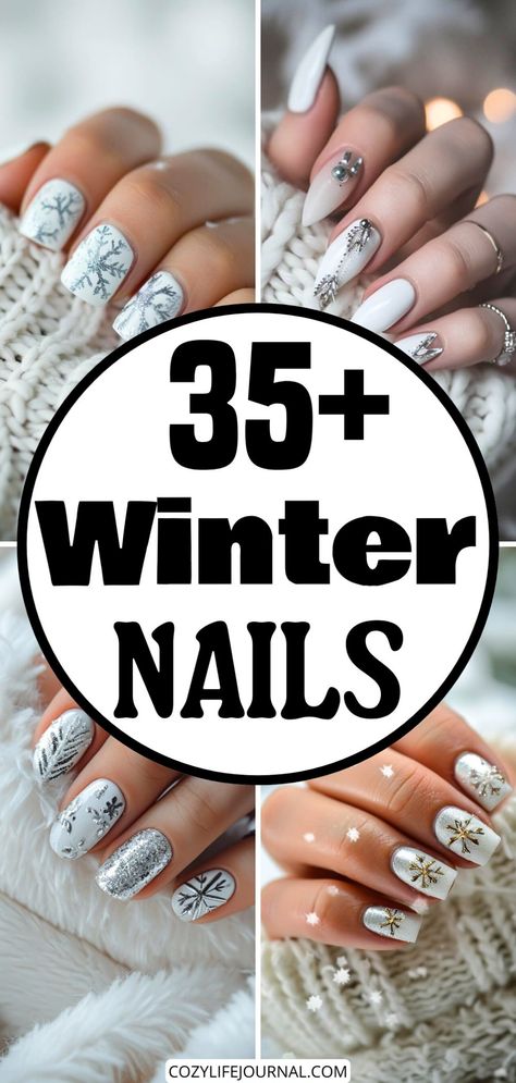 35+ winter-themed nail designs featuring snowflakes, glitter, and festive decorations. Winter Nails Gray And White, Gray Winter Nails Acrylic, Winter Nailart Xmas, Snow Flake Nails Design Simple, Blue Christmas Nails Winter Snowflake Designs White, White Christmas Manicure, After Christmas Nail Designs, Winter Builder Gel Nails, Winter Luminary Nails