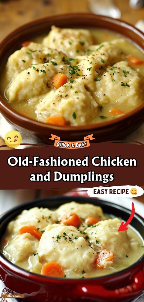 Warm up with a bowl of Old-Fashioned Chicken and Dumplings, a comforting dish that brings back memories of family dinners. This hearty meal features tender chicken and fluffy dumplings simmered in a rich, savory broth, providing a satisfying and nostalgic dining experience. #ComfortFood #ChickenDumplings #HeartyMeals Chicken And Dumplings For Two Easy, Chicken Stew Dumplings Recipe, Chicken Dumplings Homemade, Best Homemade Chicken And Dumplings, Old People Food Ideas, Chicken And Dumpling Soup Recipes, Chicken Stew With Dumplings Recipe, Microwave Dumplings, Chicken And Dumplings Casserole Easy